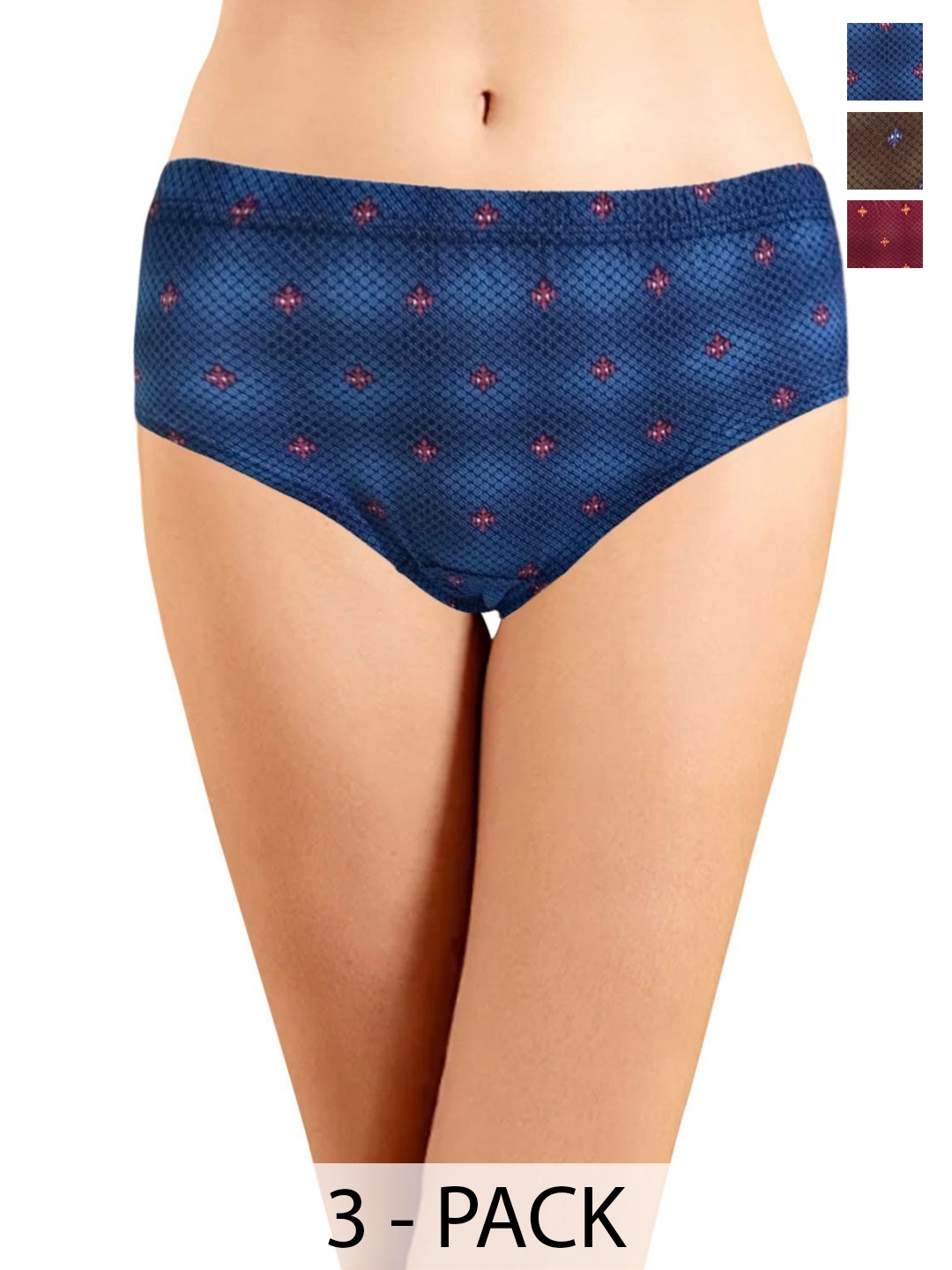 

In Care Women Pack of 3 Cotton Printed Mid-Rise Hipster Briefs, Blue