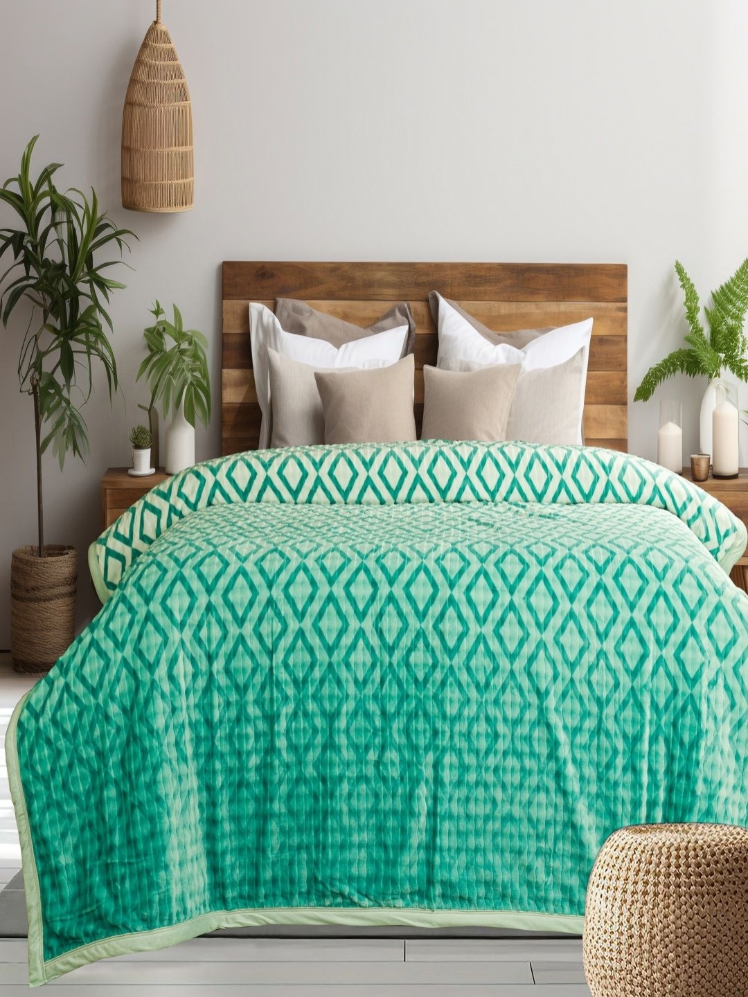 

GAPU & BALY Turquoise Blue & White Geometric AC Room 350 GSM Double Bed Blanket