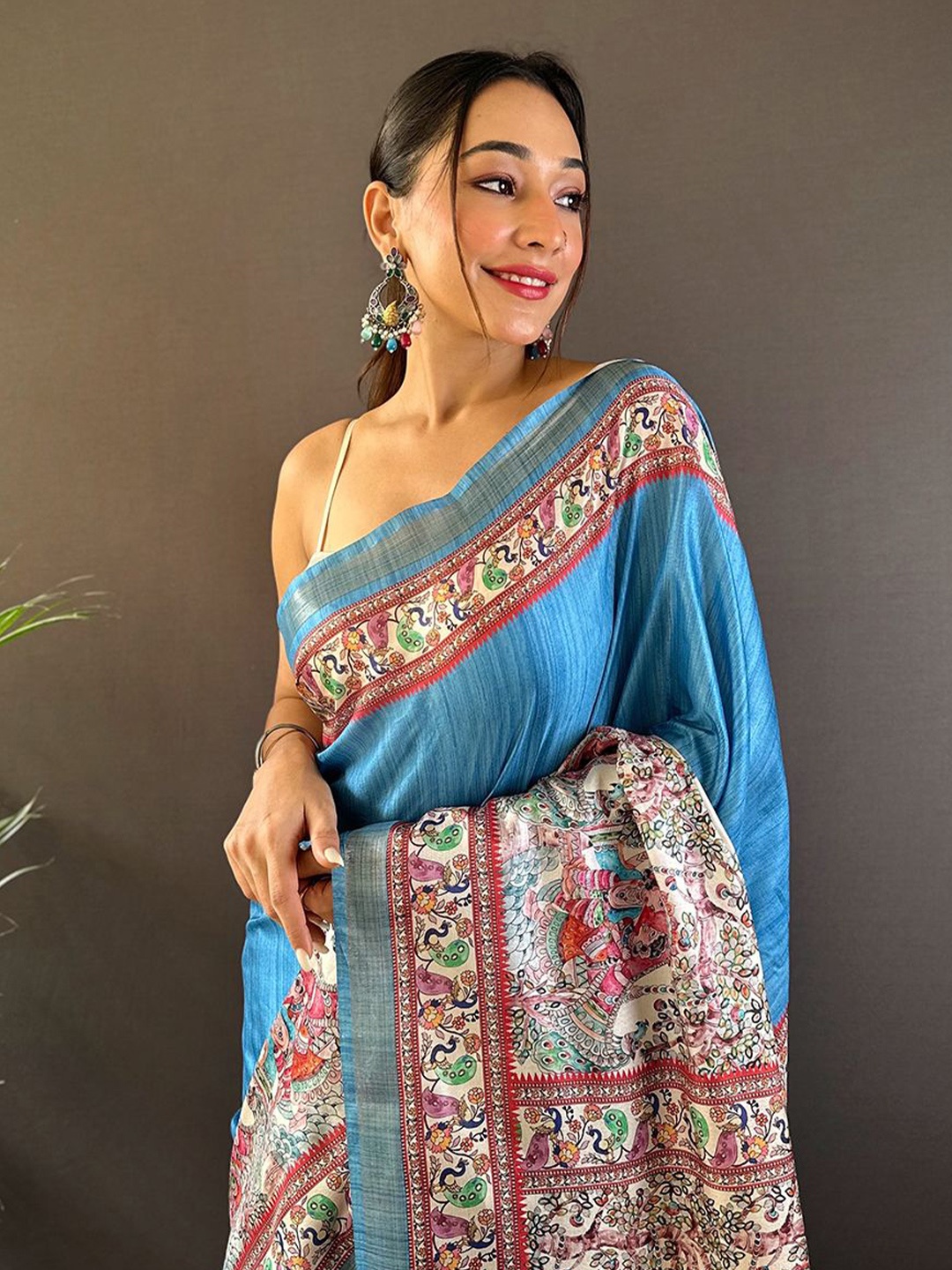 

Mitera Women Ethnic Motifs Printed Tussar Saree, Blue