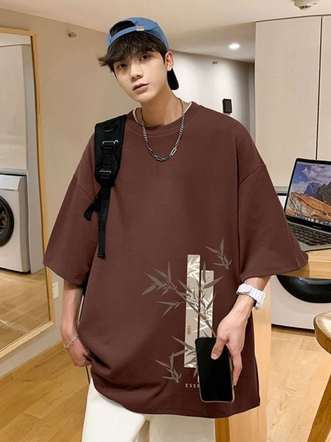 

HERE&NOW Men Floral Printed Round Neck Cotton Oversized T-shirt, Brown