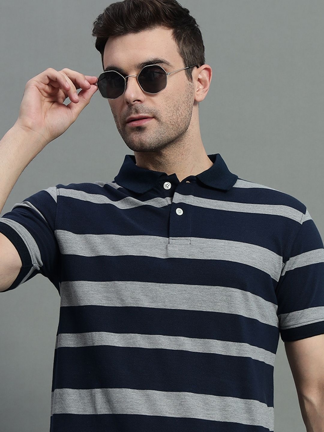 

GET GOLF Men Striped Polo Collar Cotton T-shirt, Navy blue