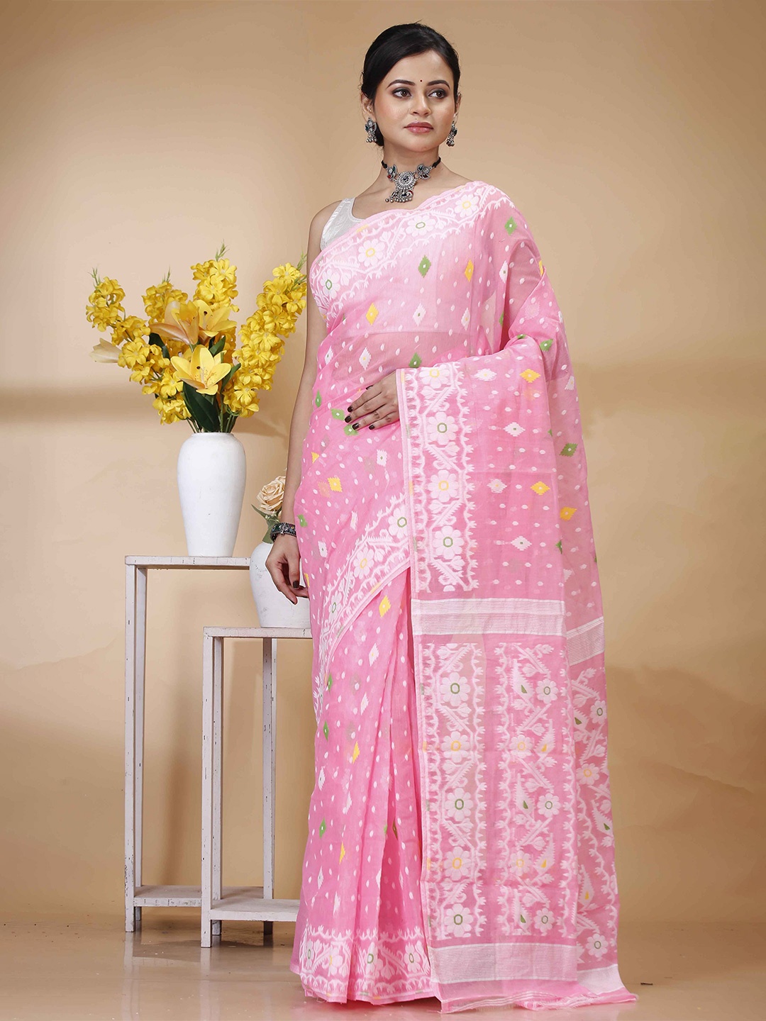 

Ruuprekha Floral Organza Fusion Jamdani Saree, Pink