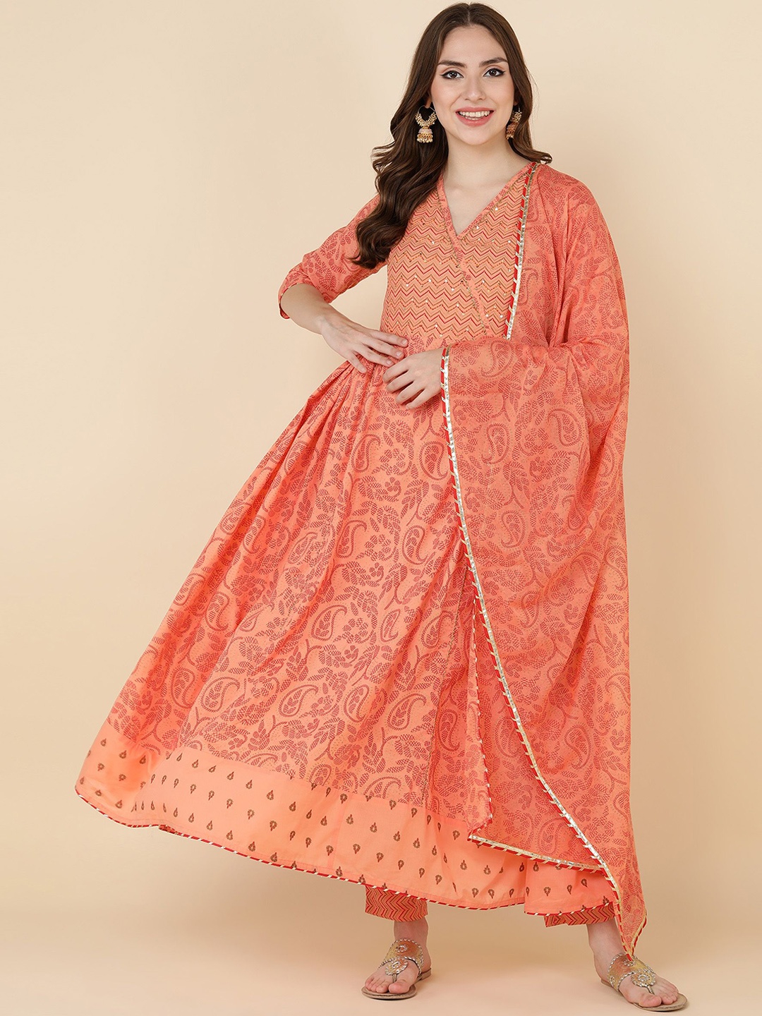 

HERE&NOW Orange Paisley Printed Sequinned Pure Cotton Kurta with Trouser & Dupatta