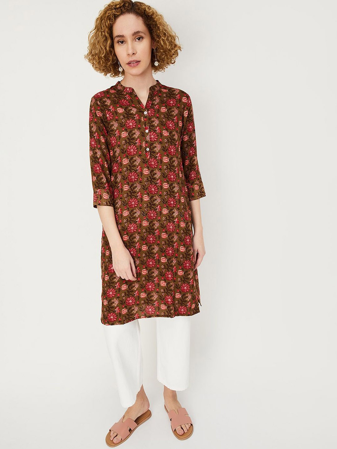

max Women Floral Printed Thread Work Kurta, Grey