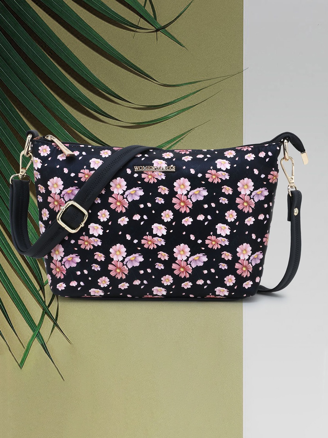 

WOMEN MARKS Floral Printed PU Oversized Structured Sling Bag, Black