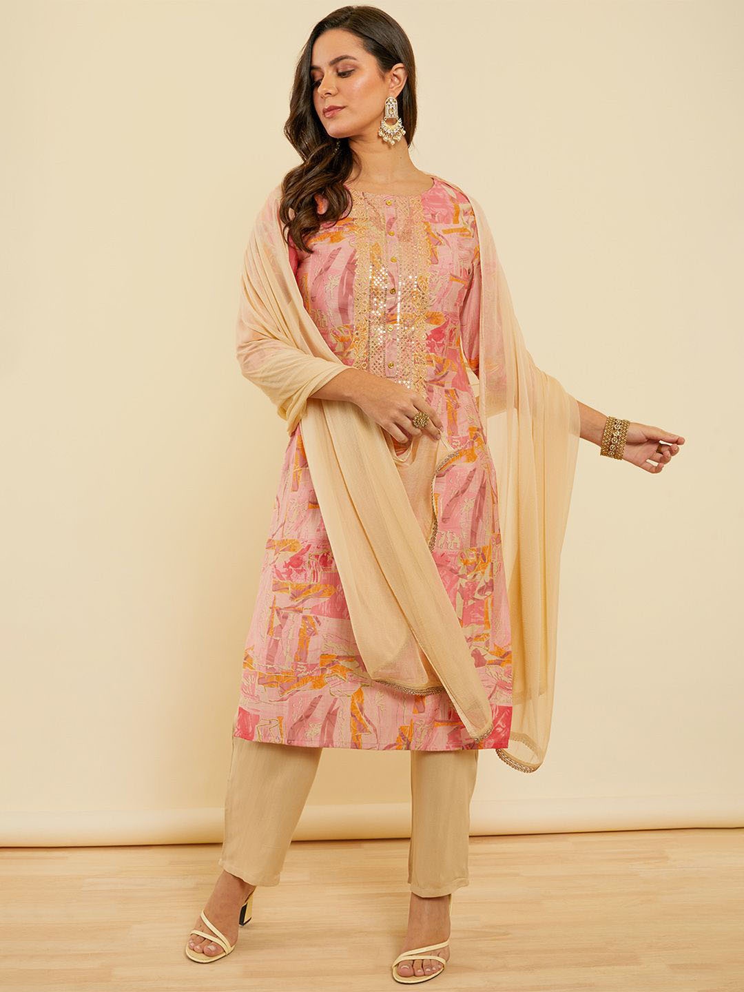

Soch Women Printed Regular Sequinned Kurta with Trousers & With Dupatta, Pink