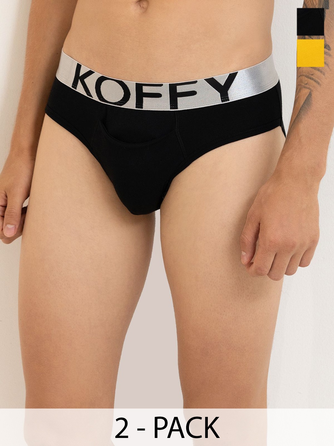 

KOFFY Men Pack of 2 Mid Rise Basic Briefs KOFFY_KI23_BLK_YLW_2PC, Black