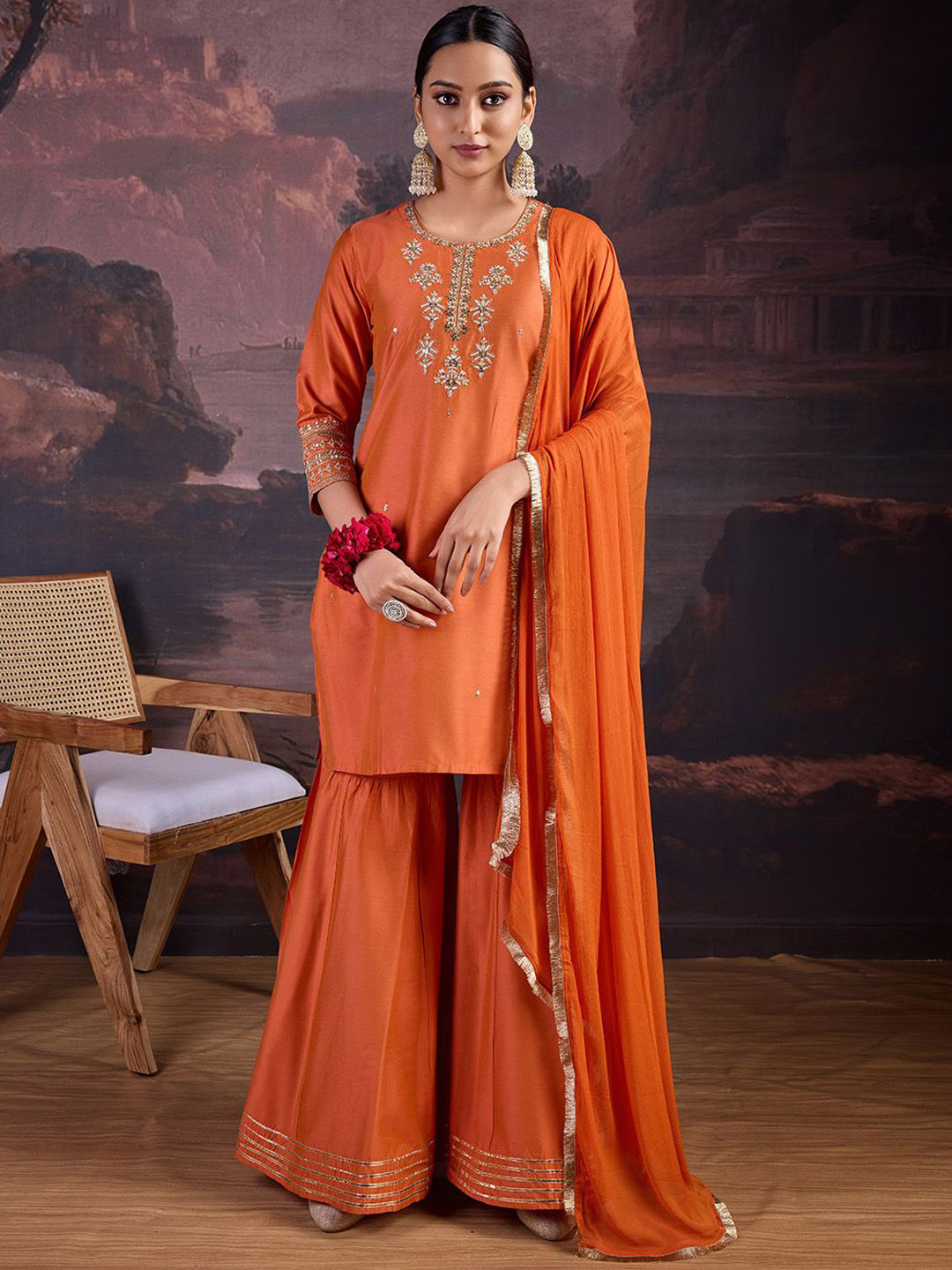 

HERE&NOW Rust Floral Embroidered Beads & Stones Straight Kurta with Sharara & Dupatta