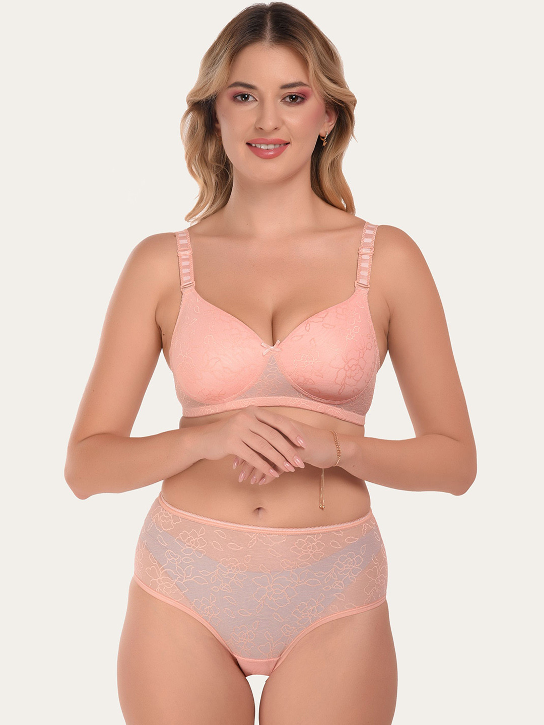 

DressBerry Women Self Design Mid-Rise Non Wired Padded Lingerie Set SDS-5024-Peach
