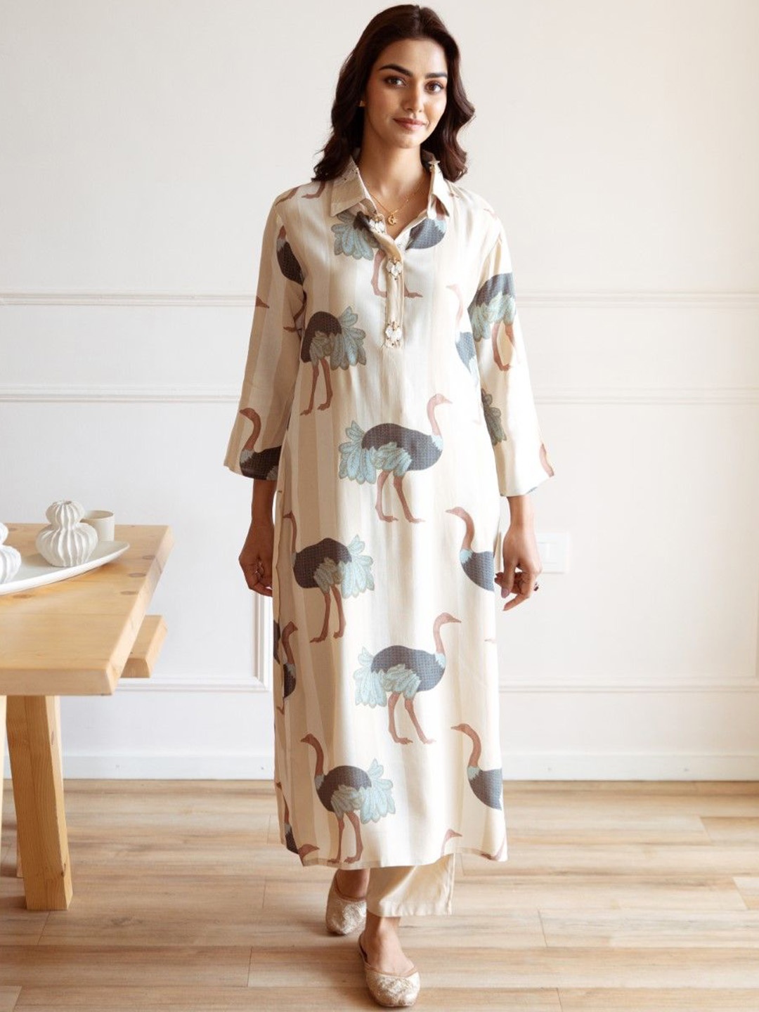 

AUTUMN LANE Women Animal Printed Regular Pure Cotton Kurta with Trousers, Off white