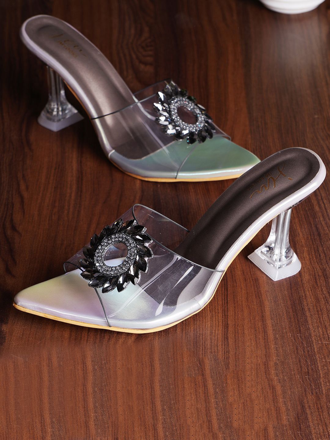 

JM Looks Embellished Stiletto Heels Pointed Toe Sandals, Grey