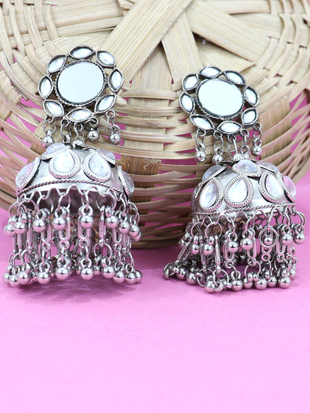 

VAGHBHATT German Silver Mirror Work Oxidized Jhumka