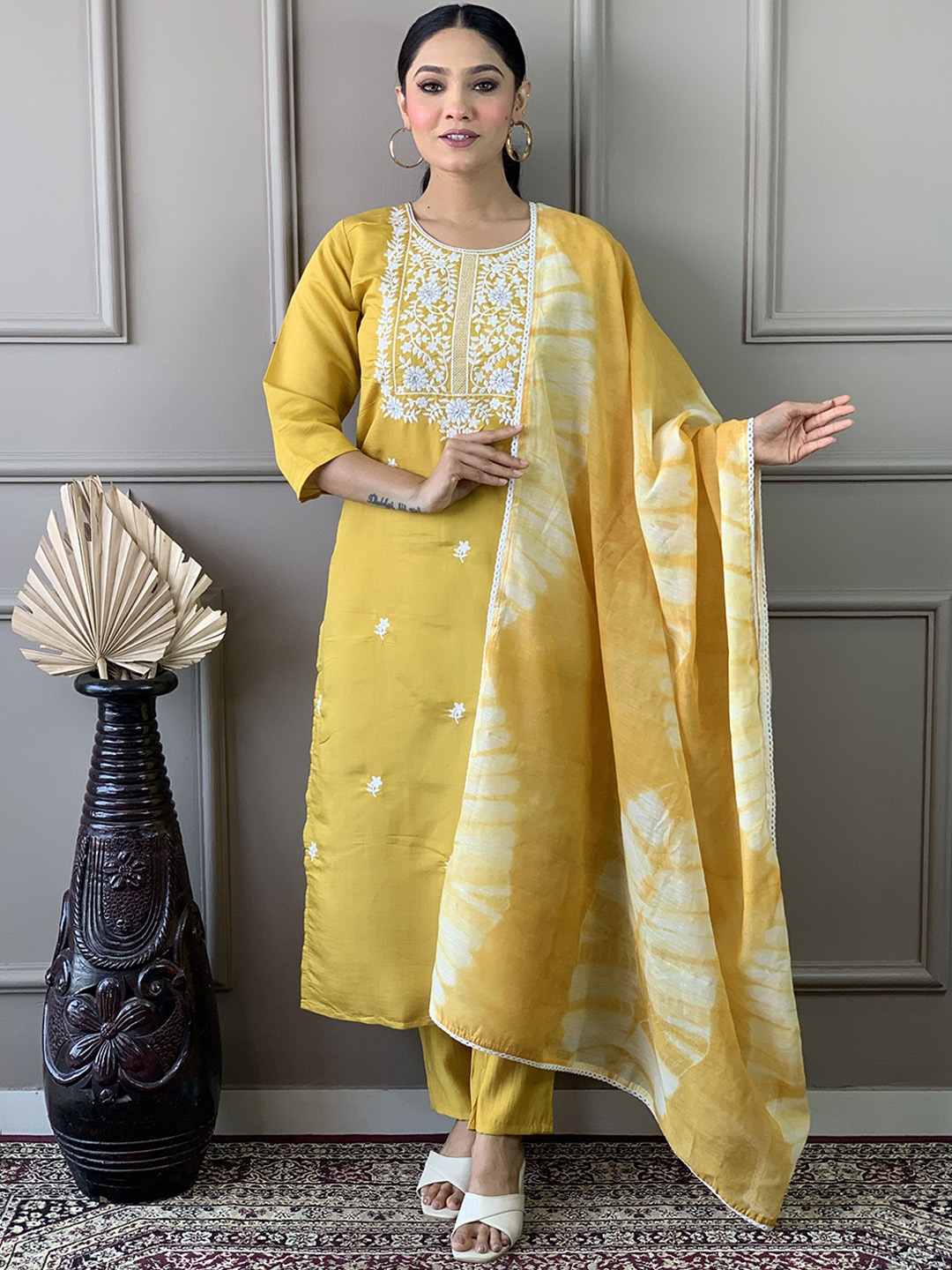 

KALINI Floral Embroidered Chanderi Silk Straight Kurta with Trousers & Dupatta, Yellow