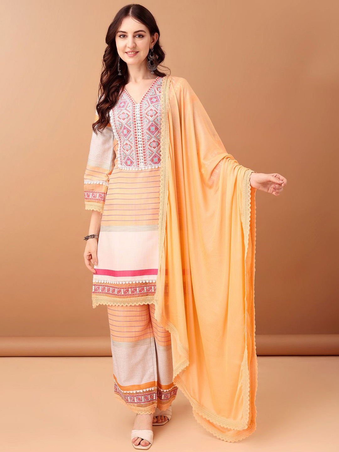 

KALINI Floral Embroidered V-Neck Straight Kurta with Trousers & Dupatta, Orange