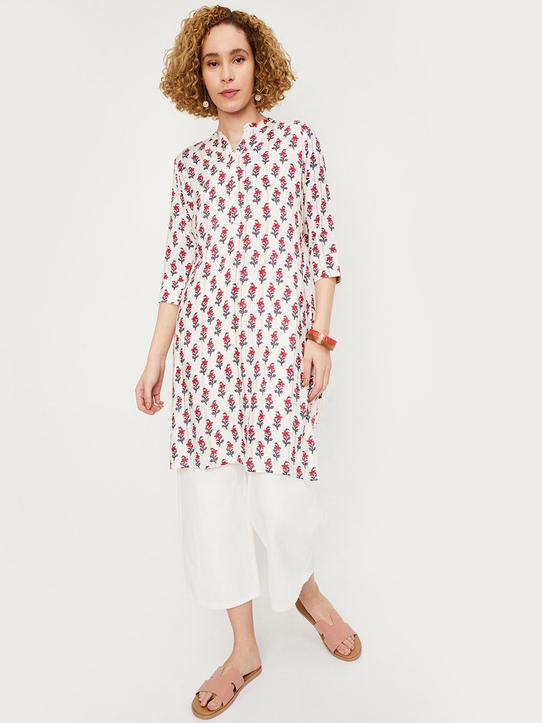 

max Women Ethnic Motifs Printed Keyhole Neck Mirror Work Kurta, Off white