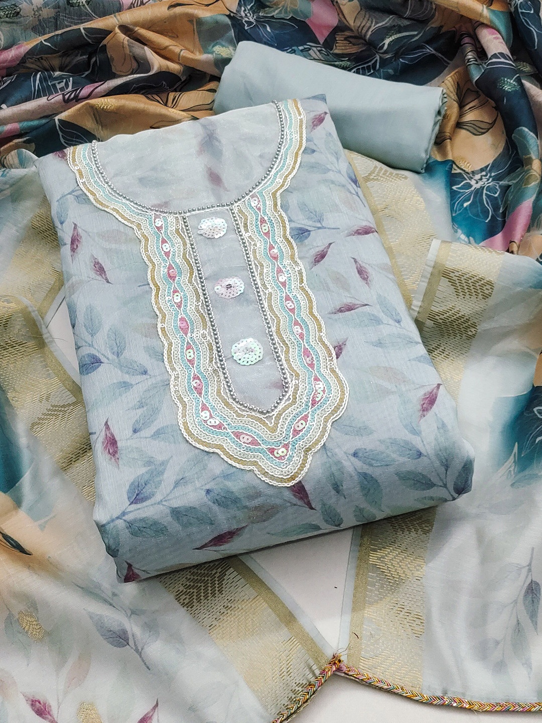 

KALINI Printed Unstitched Dress Material, Blue
