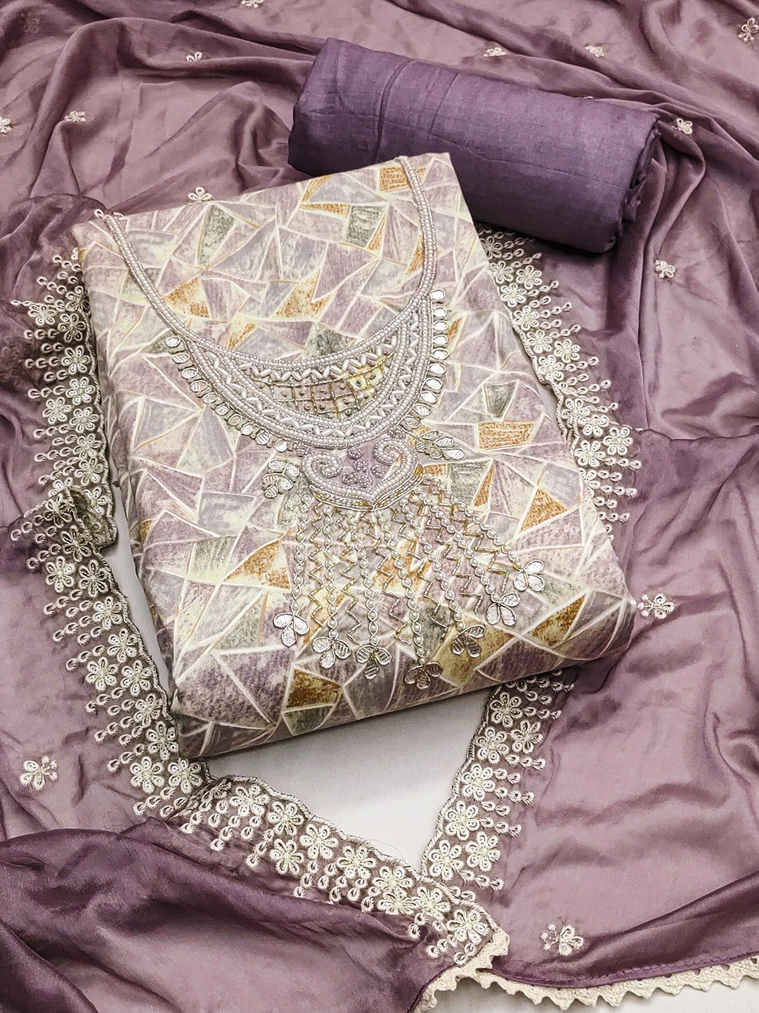 

KALINI Geometric Printed Beads and Stones Unstitched Dress Material, Lavender