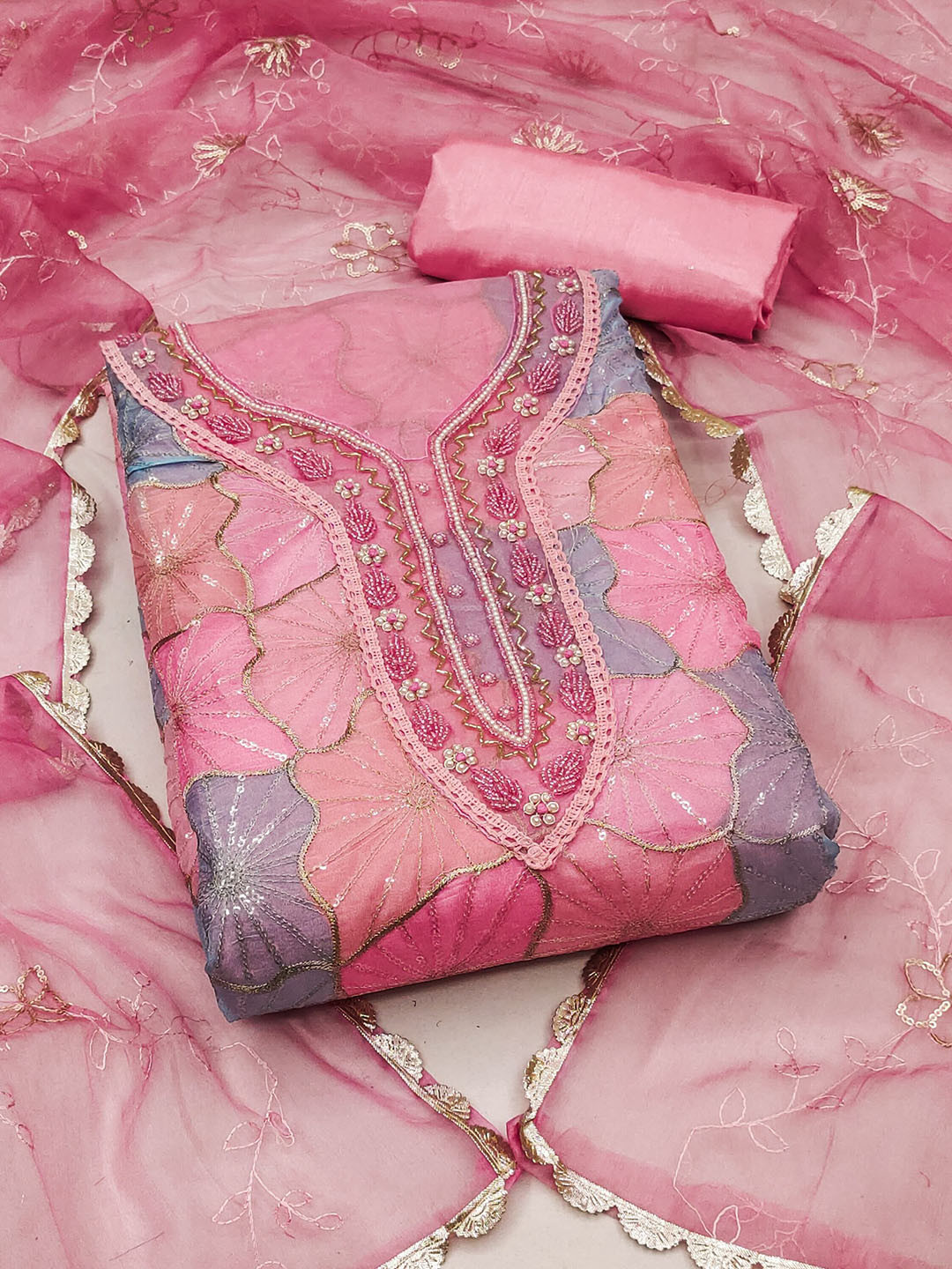 

MAHALASA Floral Embroidered Sequinned Unstitched Dress Material, Pink