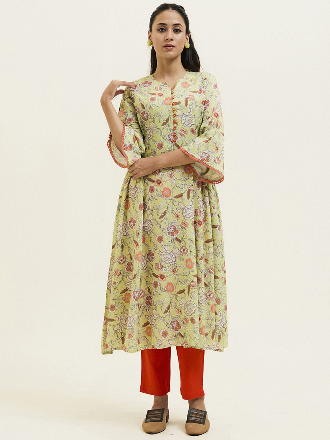 

Jaipur Kurti Floral Flared Kurta, Lime green