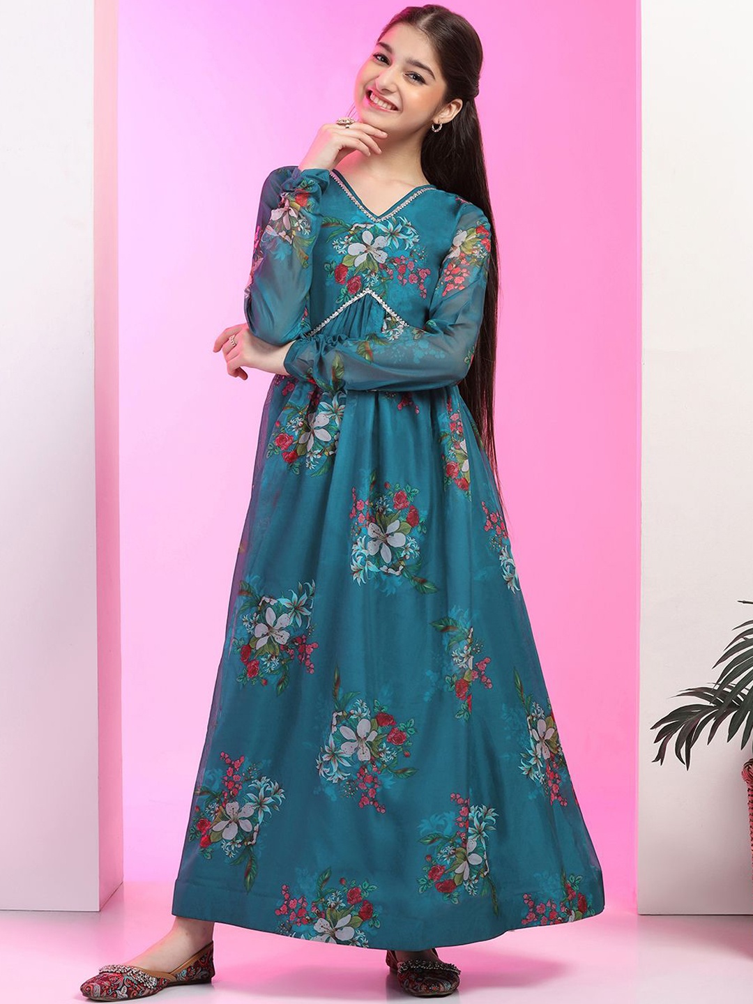 

FASHION DREAM Girls Floral Printed Empire Ethnic Dress, Teal