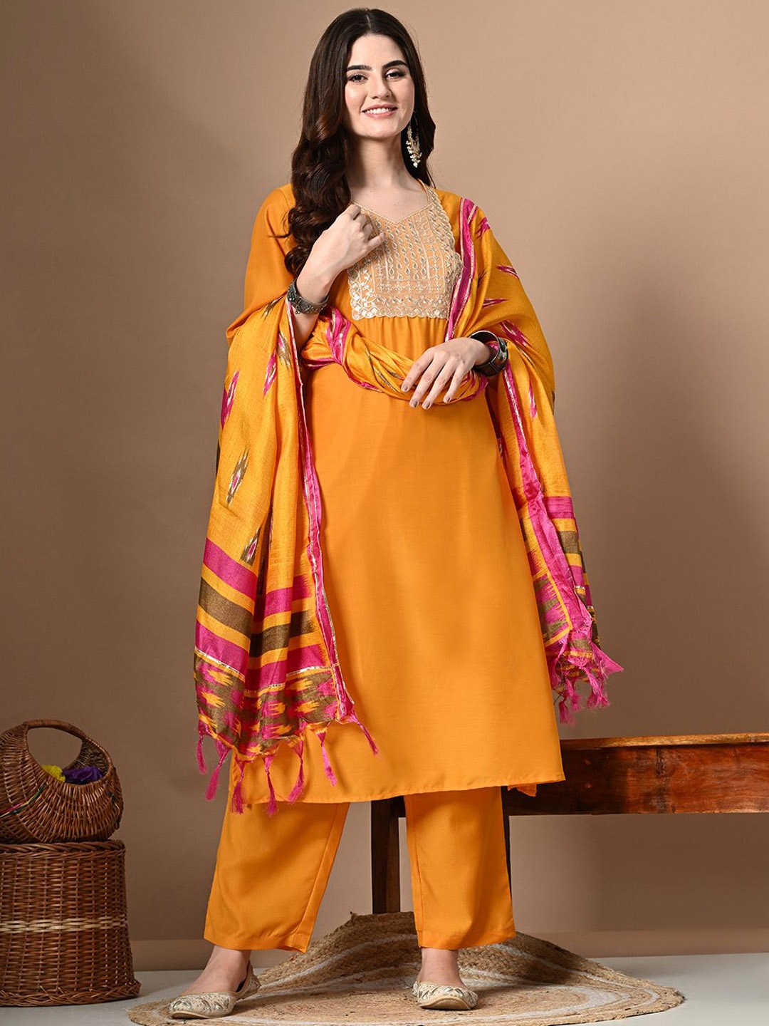 

Sangria Ethnic Motifs Yoke Design Regular Thread Work Kurta with Palazzos & Dupatta, Yellow