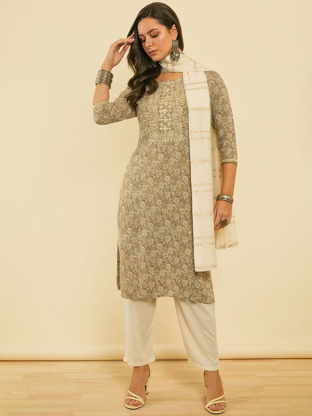 

Soch Women Floral Printed Regular Mirror Work Kurta with Trousers & With Dupatta, Brown