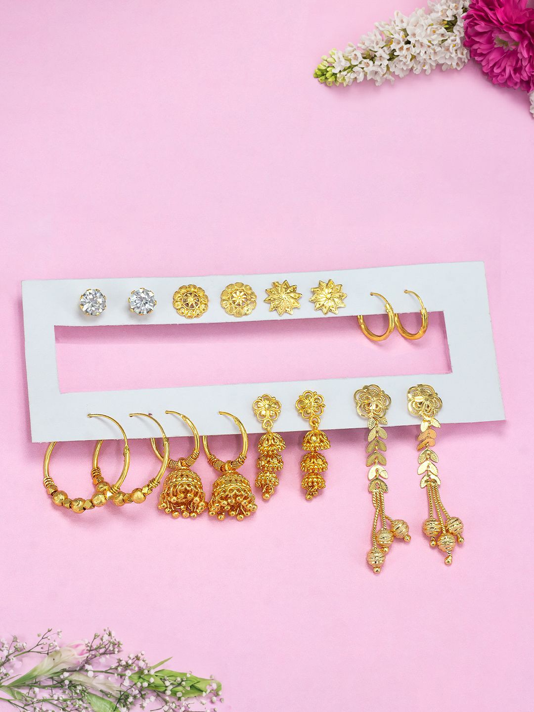 

PRIVIU Set of 8 Gold Plated Hoop, Jhumkas & Studs Earrings