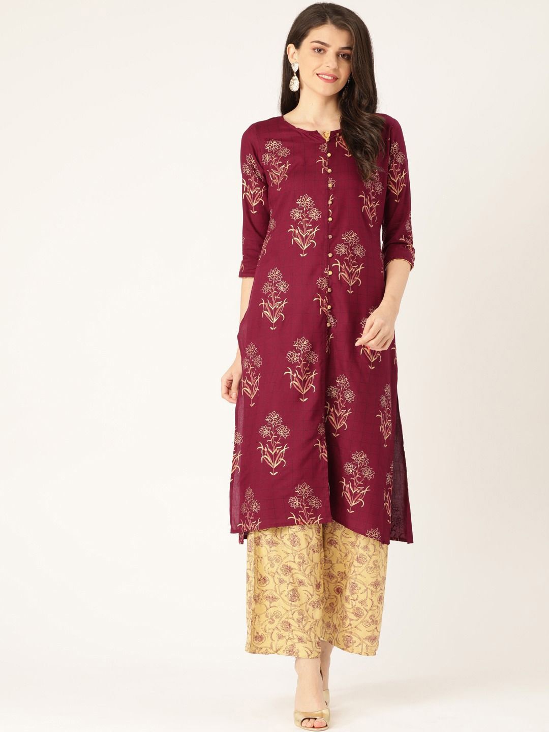 

Anouk Women Floral Printed Regular Kurta with Palazzos, Burgundy