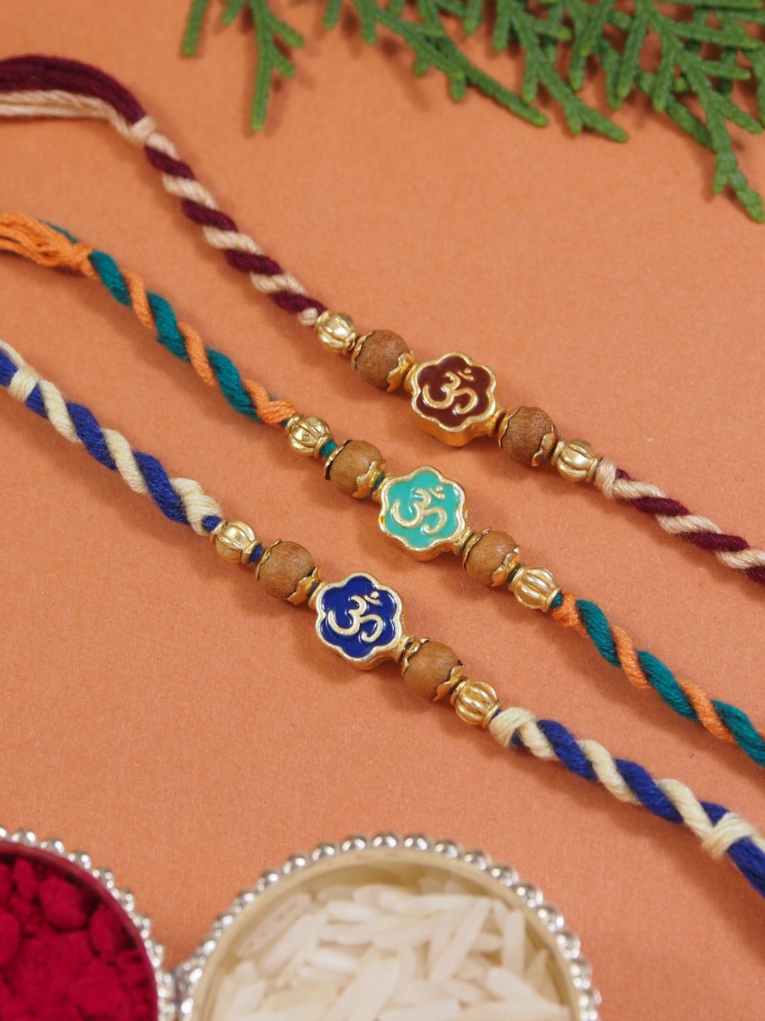 

I Jewels Set Of 3 Om Rakhi With Roli Chawal & Card, Multi