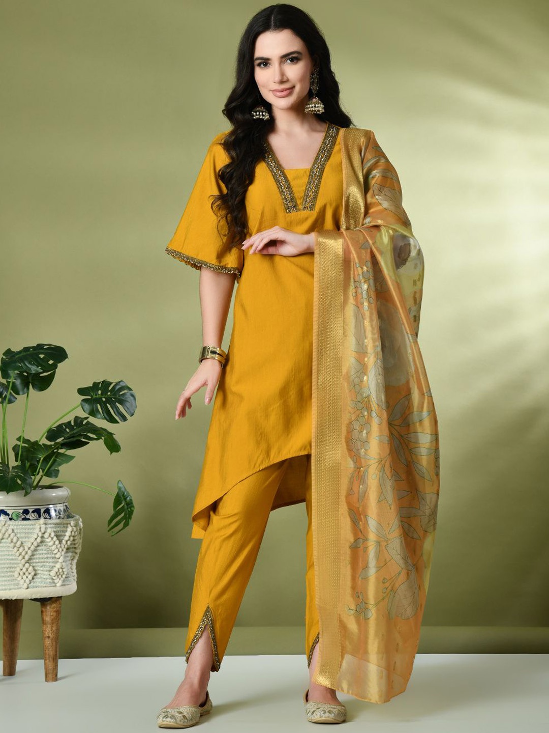 

Sangria Square Neck Flared Sleeves High-Low A-Line Kurta With Dhoti Pant & Dupatta, Mustard