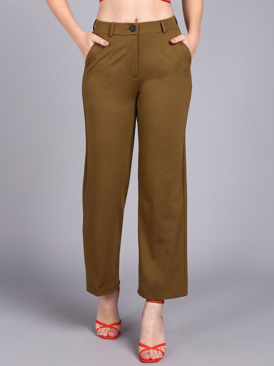 

BAESD Women Relaxed Straight Leg Straight Fit High-Rise Cotton Twill Trousers, Khaki