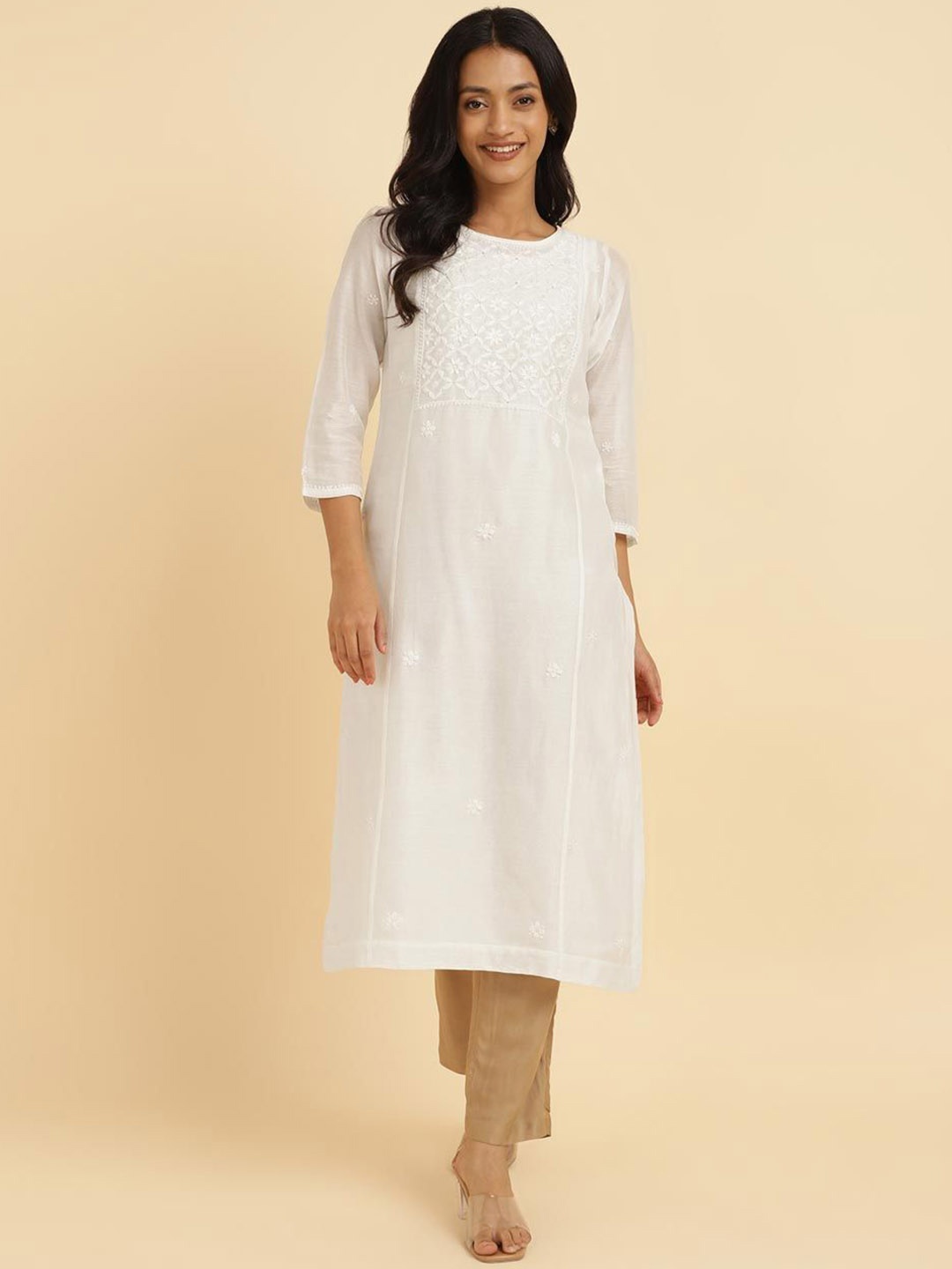

Fabindia Women Embroidered Cold-Shoulder Sleeves Chikankari Anarkali Kurta, White