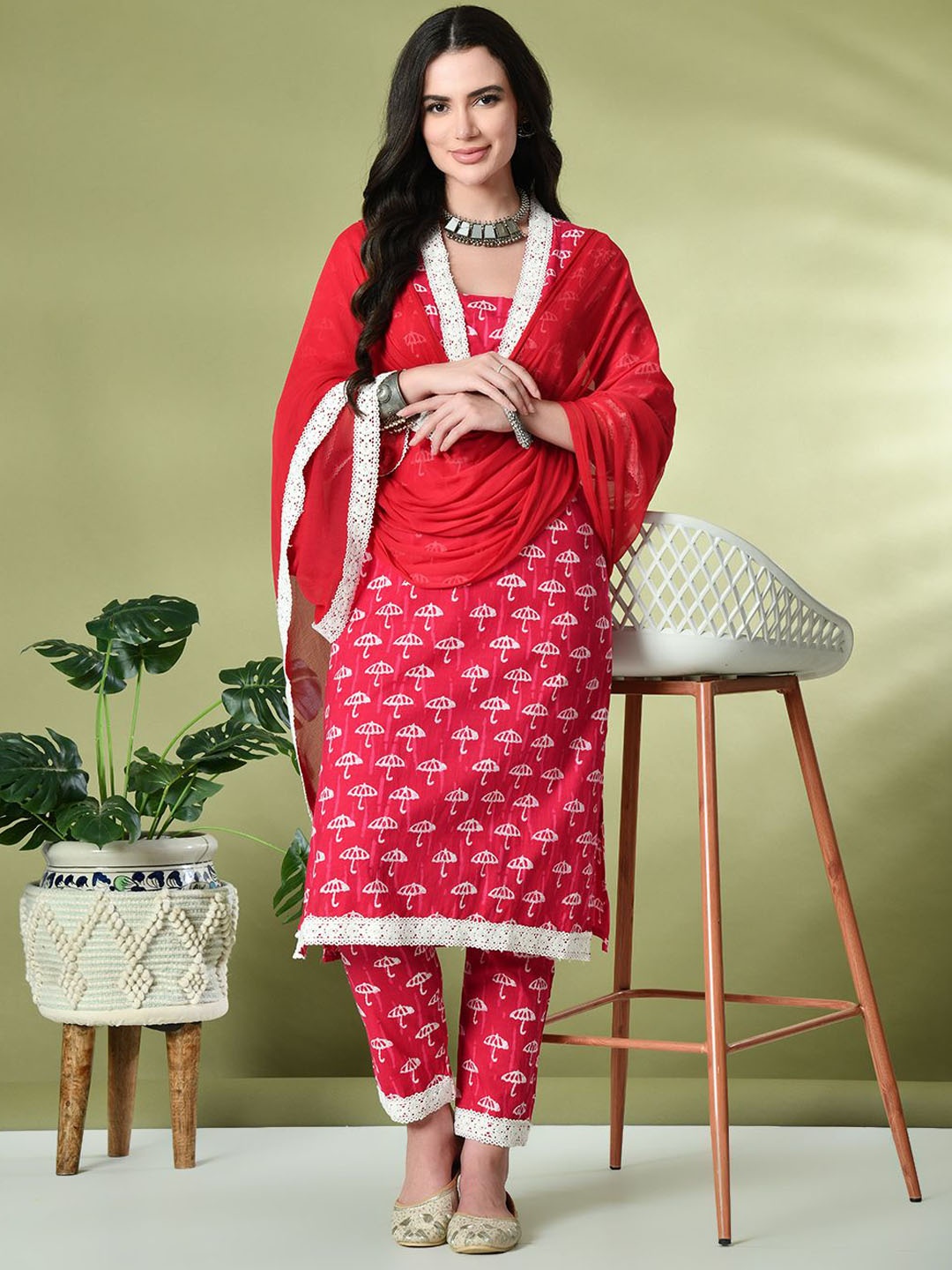 

Sangria Pink Conversational Printed Straight Kurta With Trouser & Dupatta