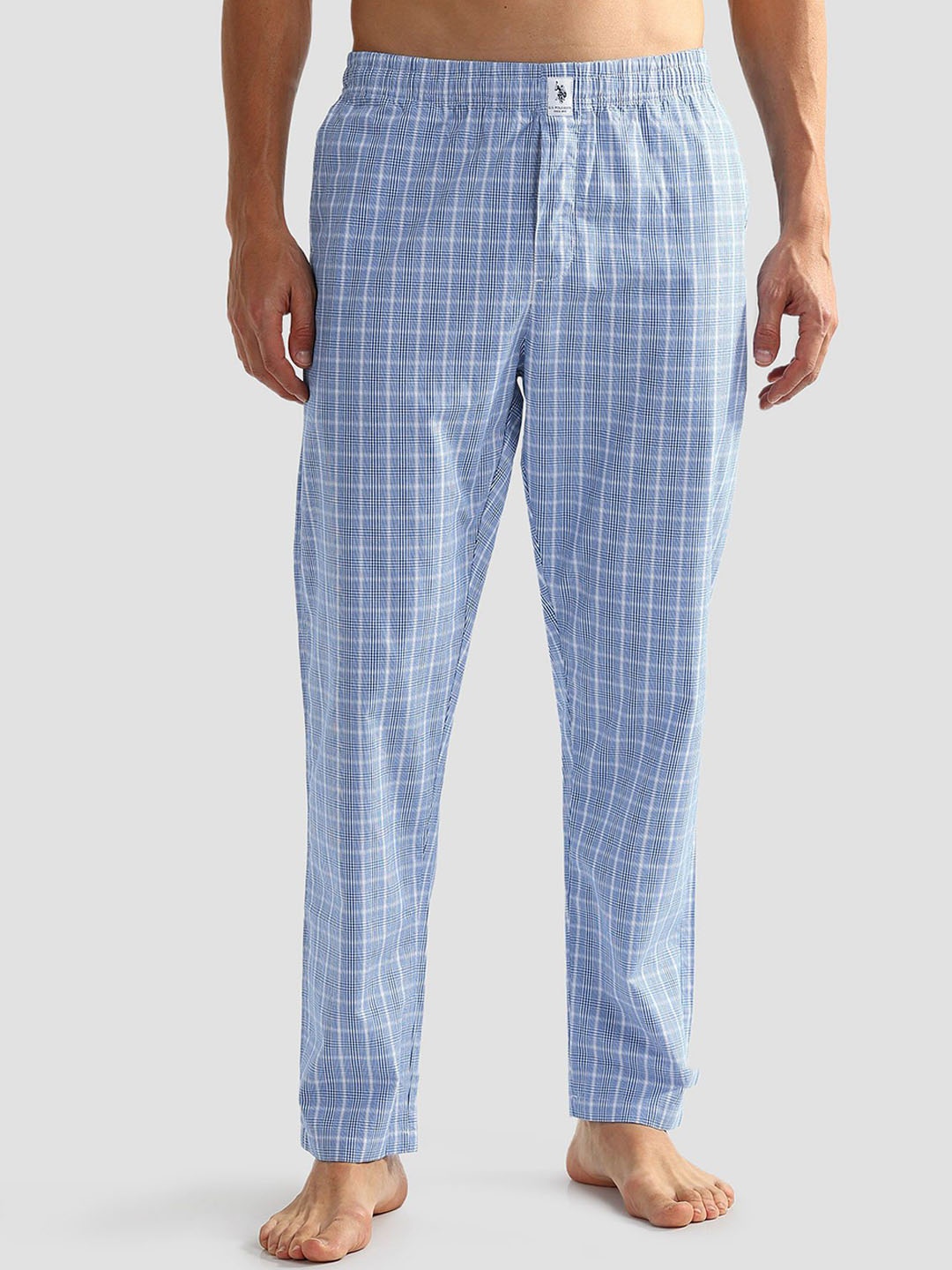 

U.S. Polo Assn. Men Checked Mid Rise Pure Cotton OELP5 Lounge Pants, Blue