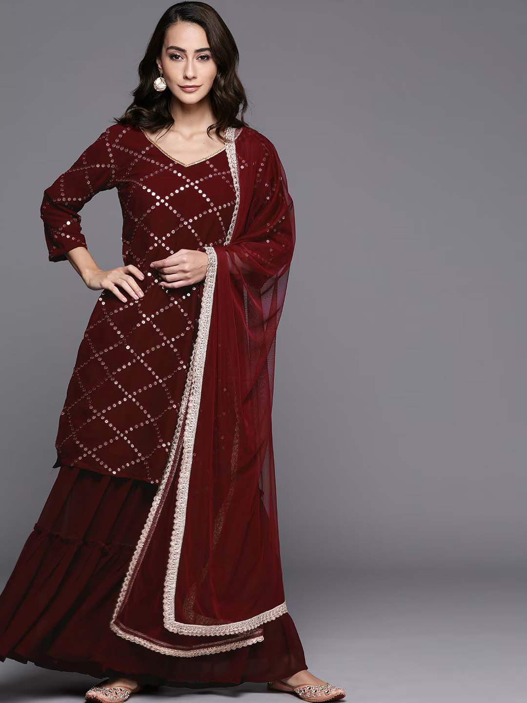 

Ethnic Yard Women Ethnic Motifs Embroidered Regular Sequinned Kurta with Palazzos & With Dupatta, Maroon