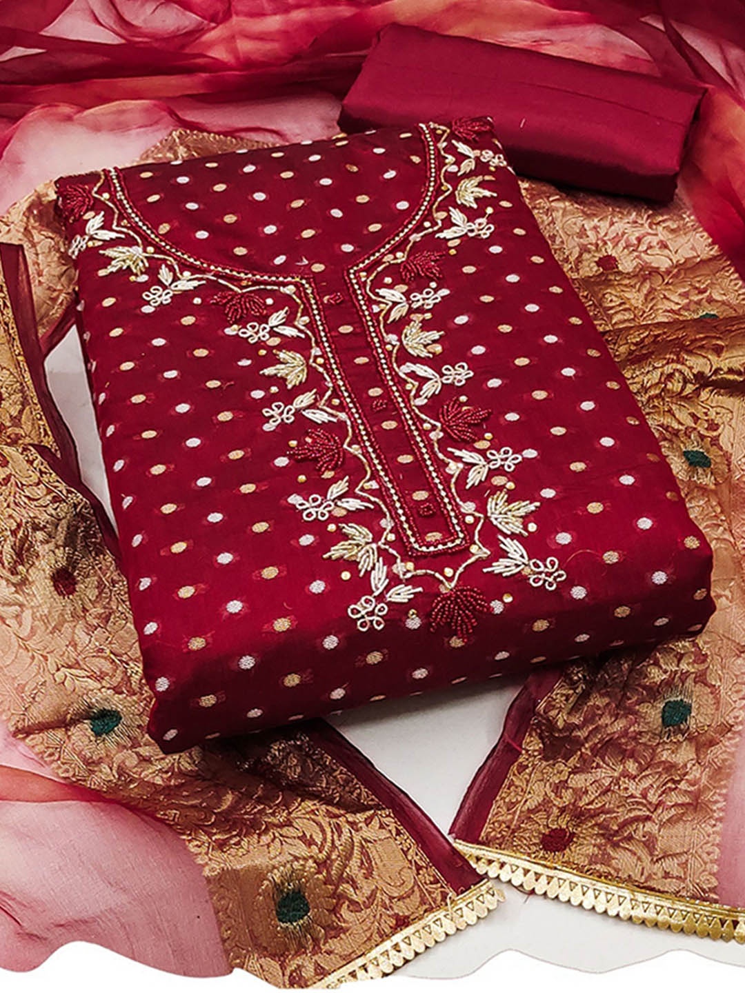 

MAHALASA Ethnic Motifs Embroidered Beads and Stones Unstitched Dress Material, Red