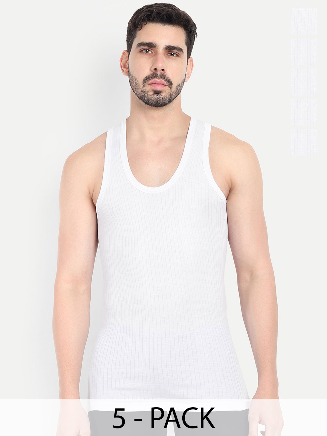 

KANSAL Pack Of 5 Men Striped Pure Cotton Basic Innerwear Vests - 8-PARKER_P5_100, White