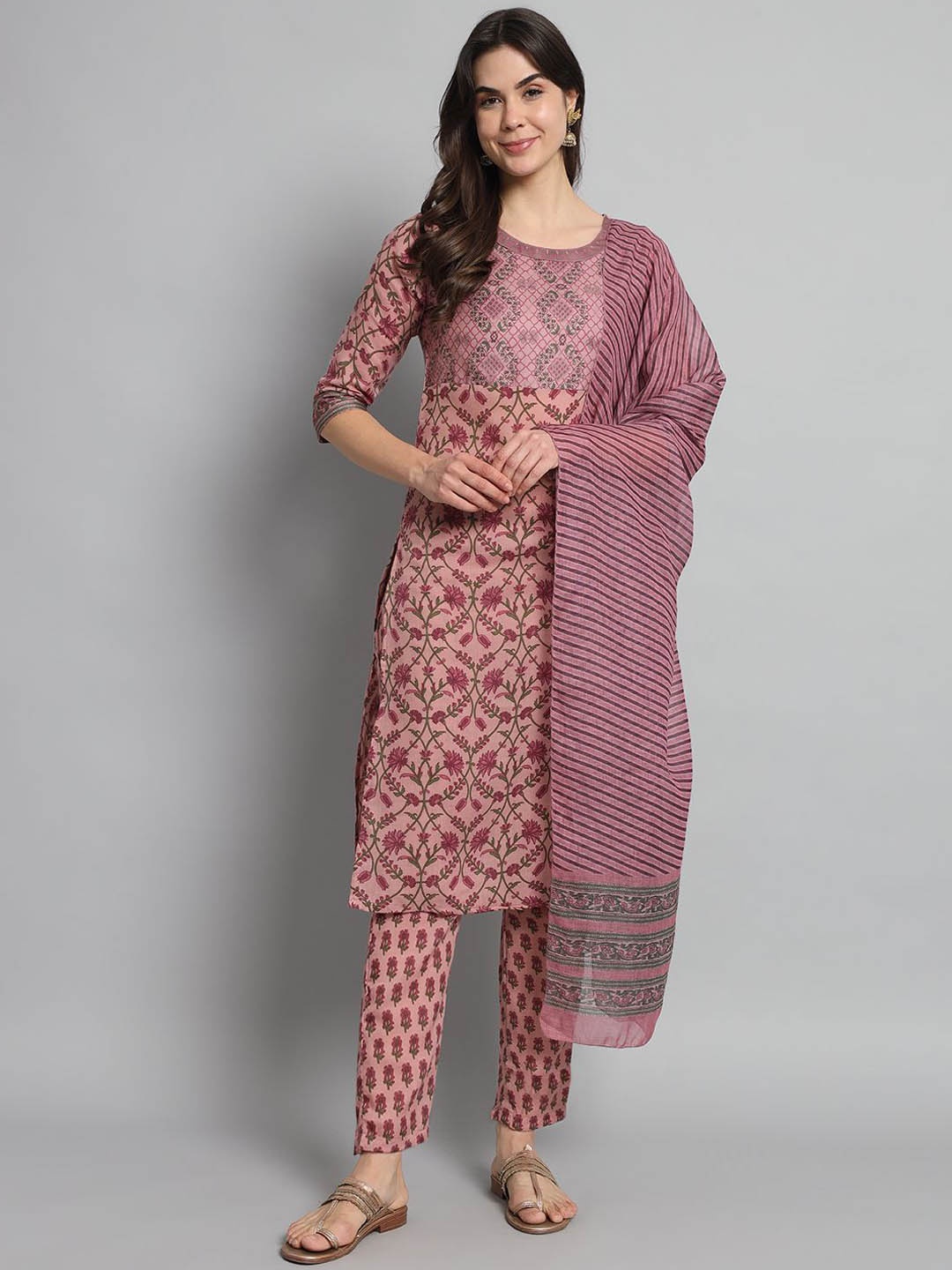 

S.K.C Floral Printed Round Neck Straight Kurta With Trousers & Dupatta, Pink