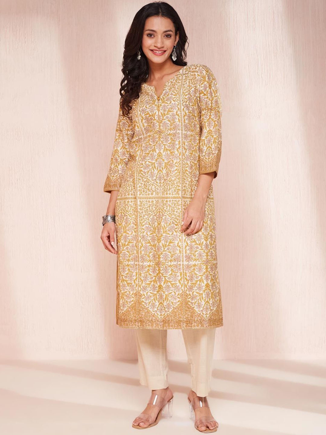 

Fabindia Women Embroidered Flared Sleeves Chikankari Kurta, Mustard