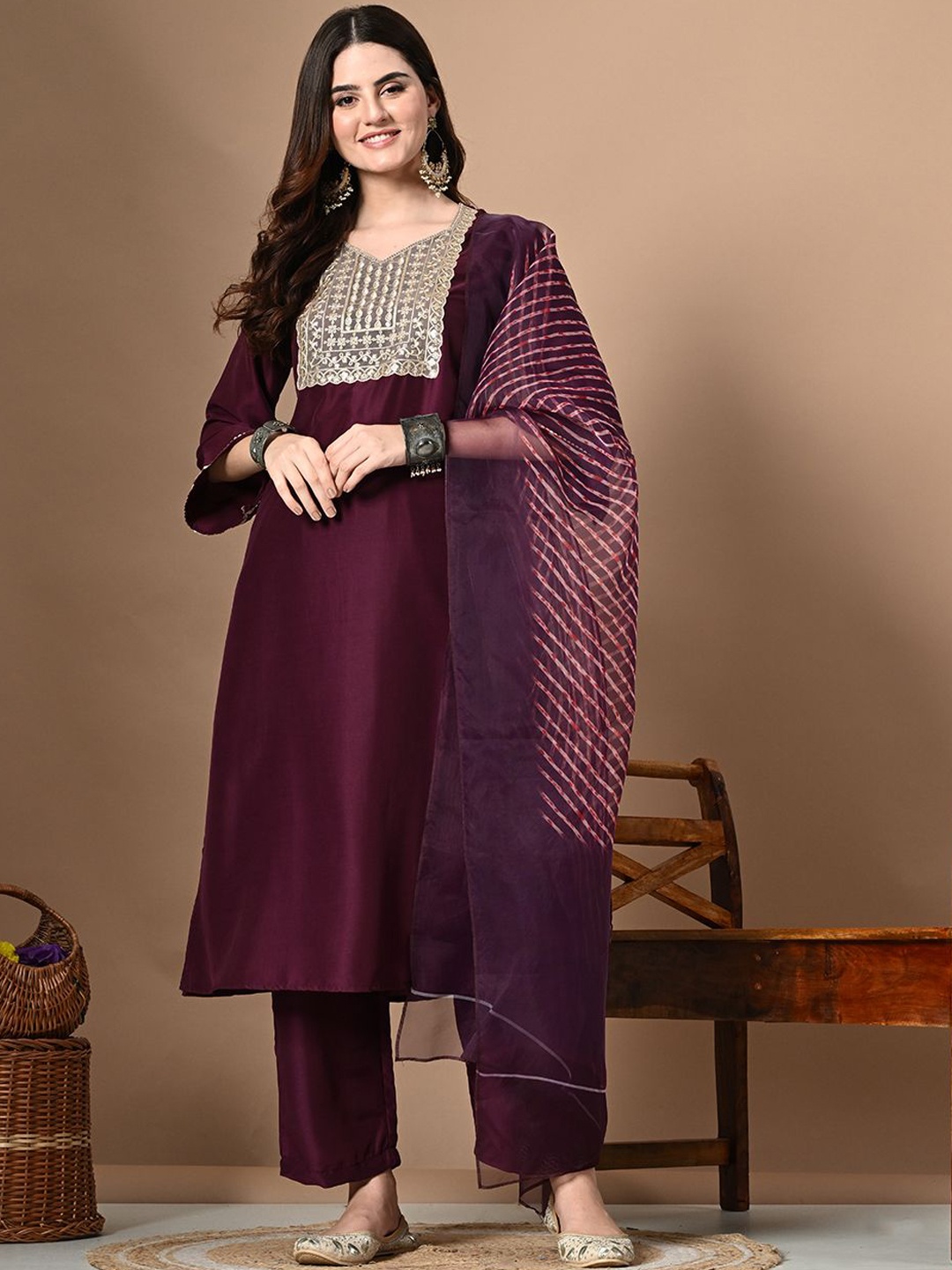 

Sangria Magenta Floral Yoke Design Sequinned Straight Kurta With Trousers & Dupatta