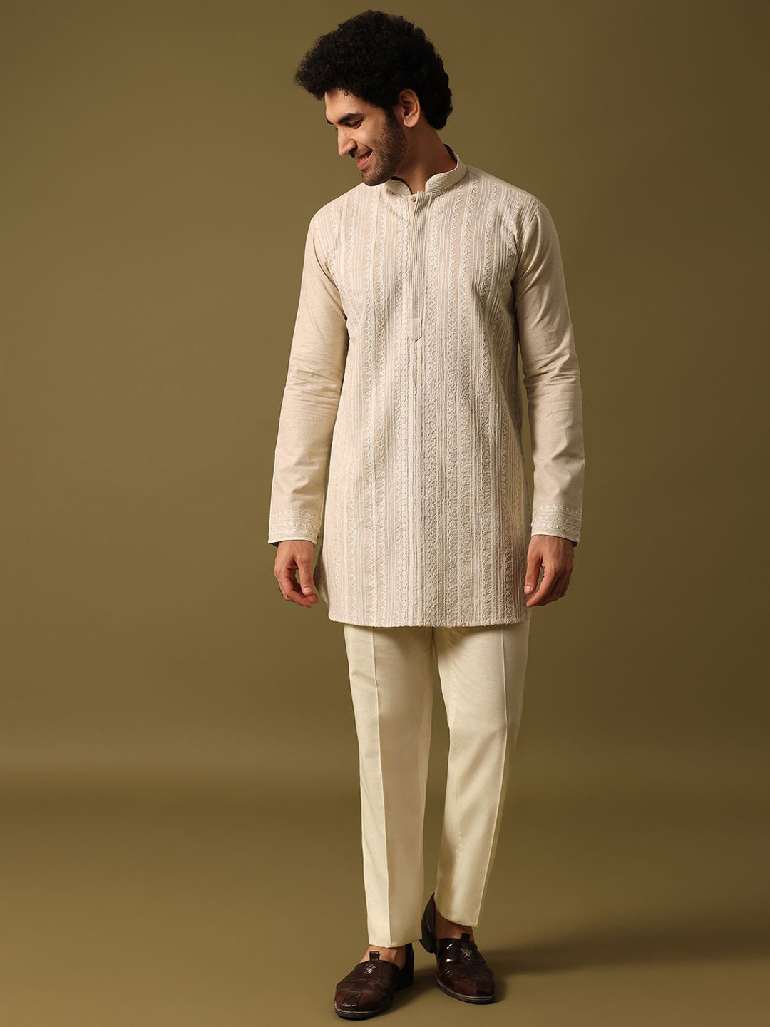 

KALKI Fashion Men Embroidered Regular Thread Work Kurta with Trousers, Beige