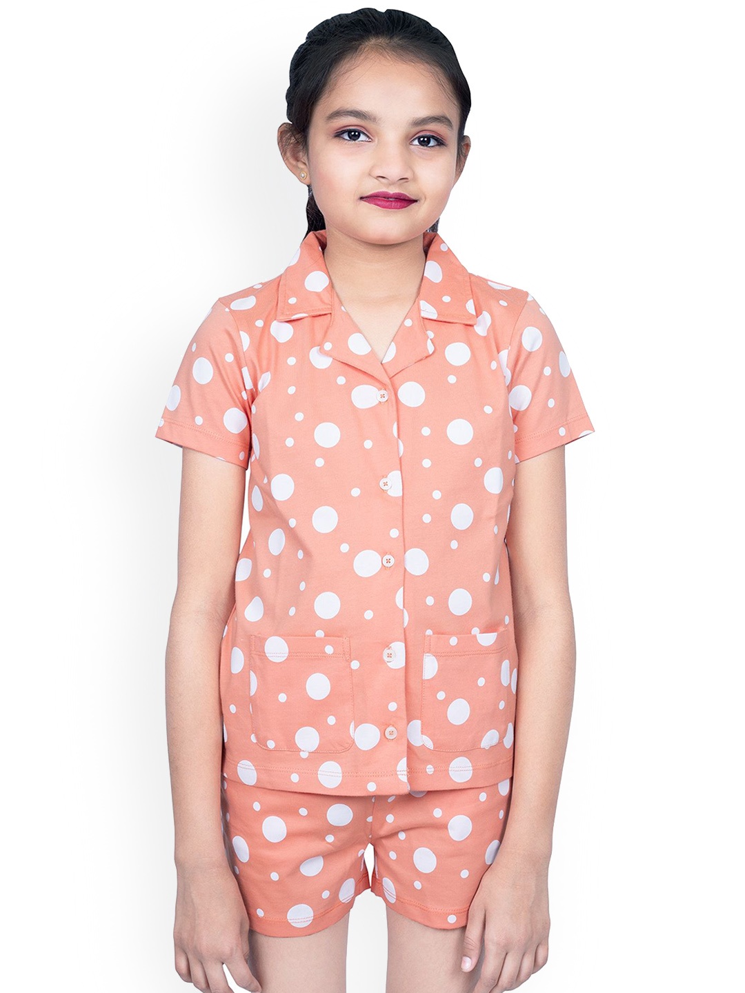 

ONE SKY Girls Printed Night suit, Orange