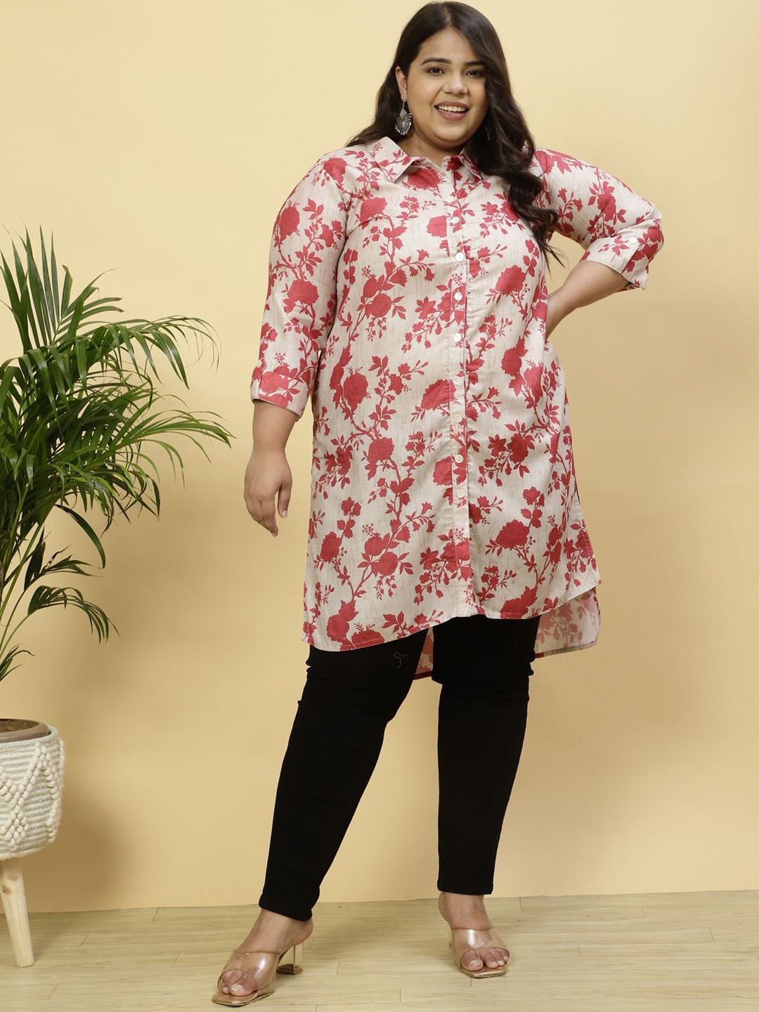 

Jaipur Kurti Plus Size Floral Printed Shirt Collar Roll-Up Sleeves Straight Kurta, Beige