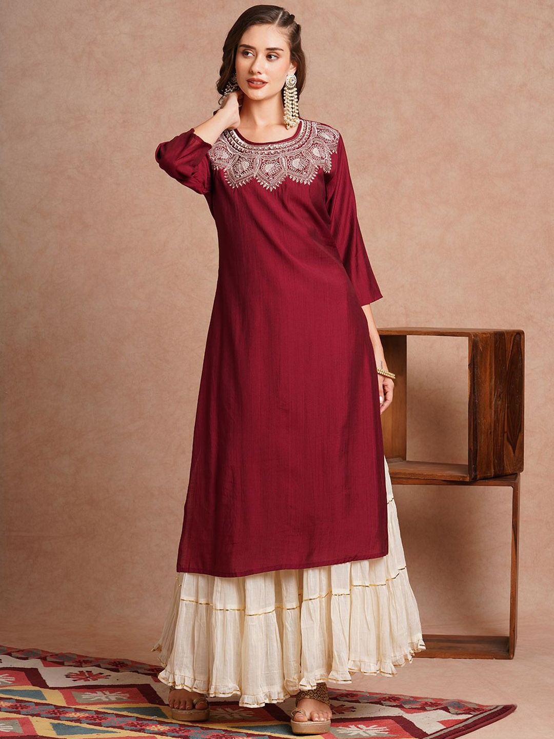 

FASHOR Women Ethnic Motifs Yoke Design Flared Sleeves Kurta, Maroon