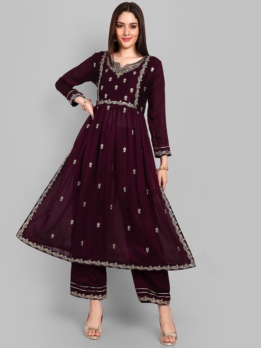 

S.K.C Floral Embroidered High Slit A-Line Kurta with Trousers, Burgundy