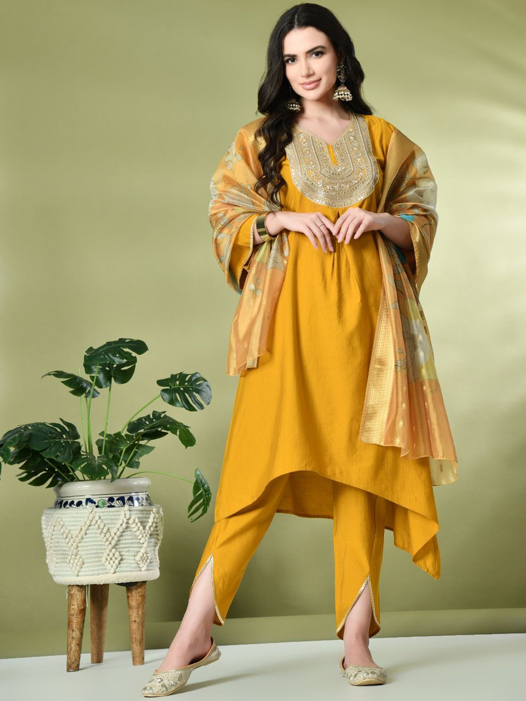 

Sangria Ethnic Motifs Yoke Design Sequinned A-Line Kurta With Dhoti Pant & Dupatta, Mustard