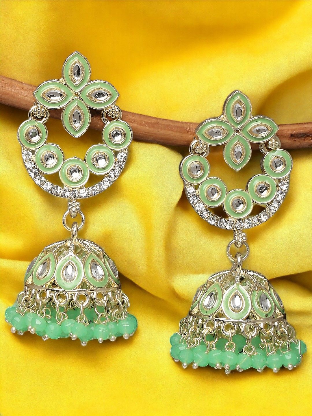 

Anouk Gold-Toned Kundan-Studded & Beaded Dome Shaped Meenakari Jhumkas