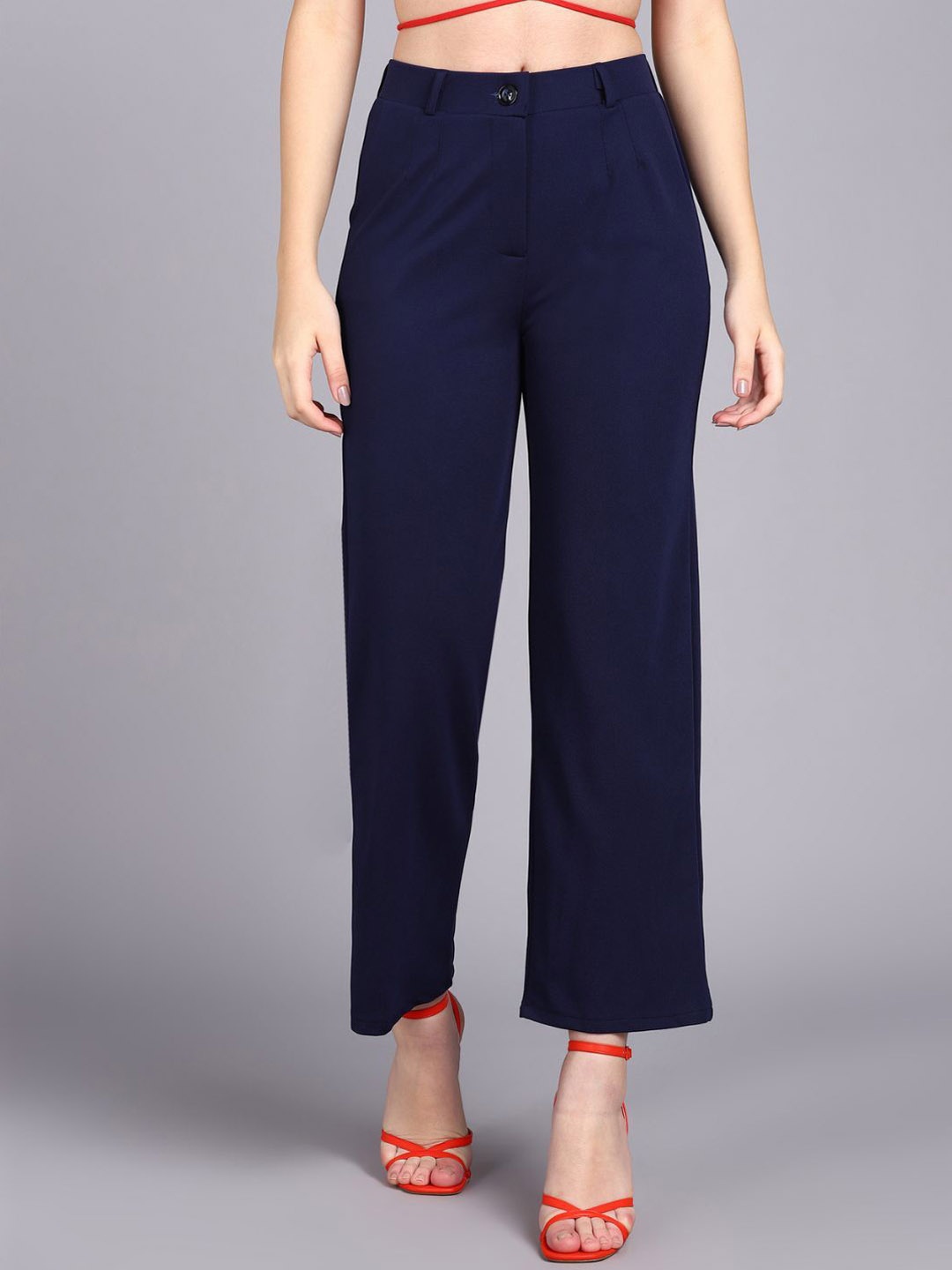 

BAESD Women Relaxed Straight Leg Straight Fit High-Rise Cotton Twill Trousers, Navy blue