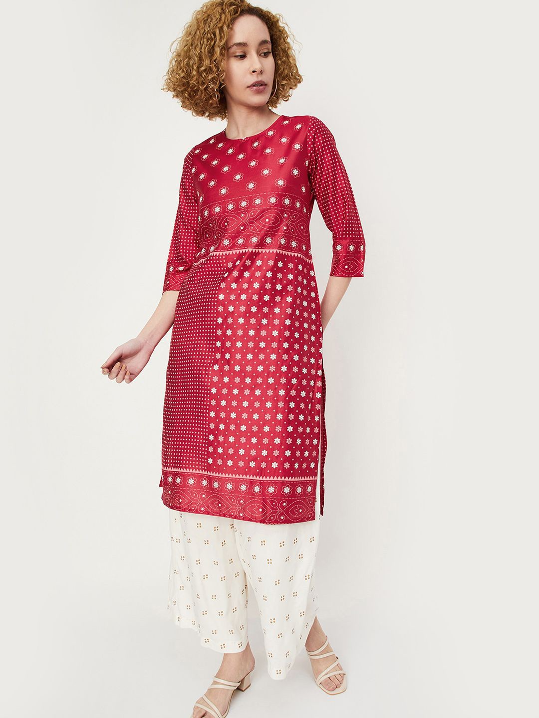 

max Women Ethnic Motifs Printed Keyhole Neck Flared Sleeves Thread Work Kurta, Pink