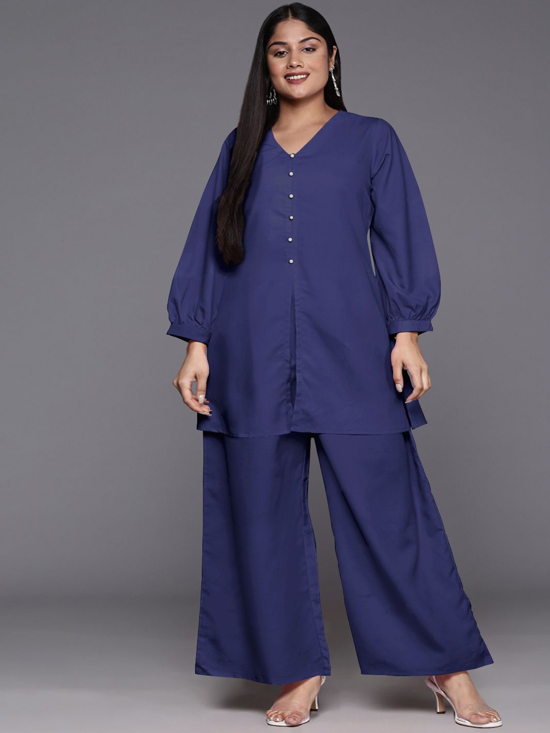 

A PLUS BY AHALYAA Plus Size V-Neck Tunic With Palazzo Co-Ords, Navy blue